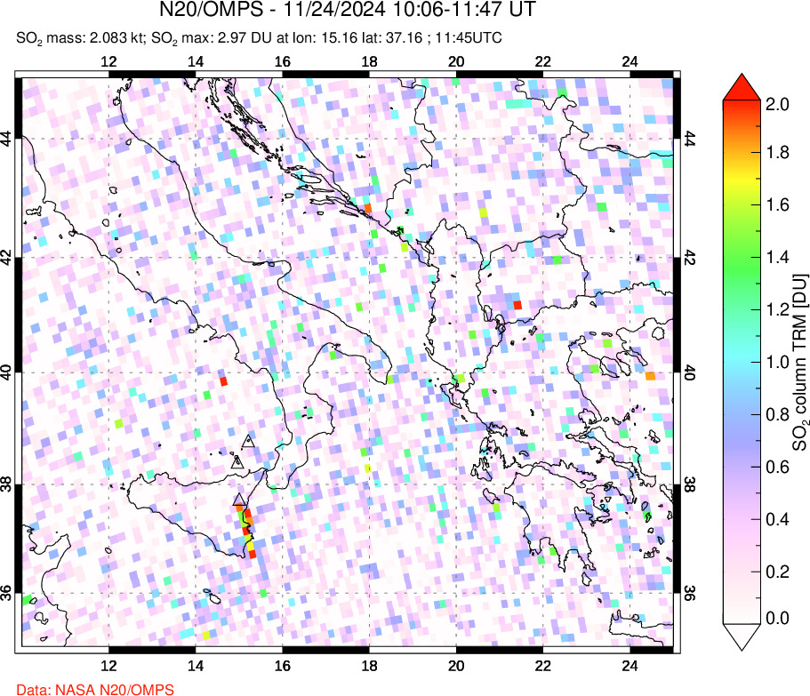 A sulfur dioxide image over Etna, Sicily, Italy on Nov 24, 2024.