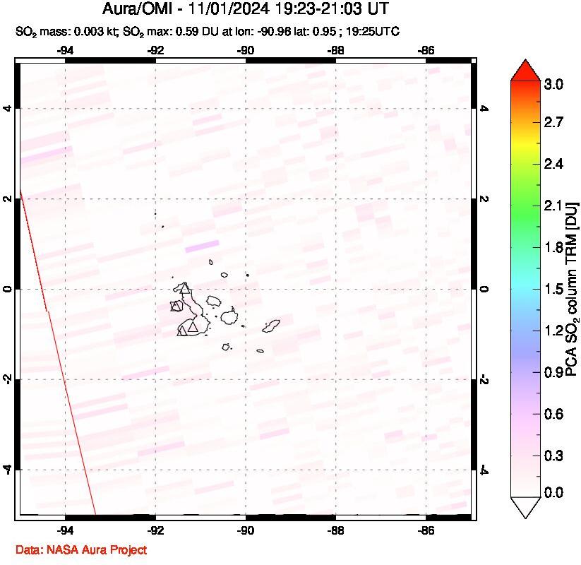 A sulfur dioxide image over Galápagos Islands on Nov 01, 2024.