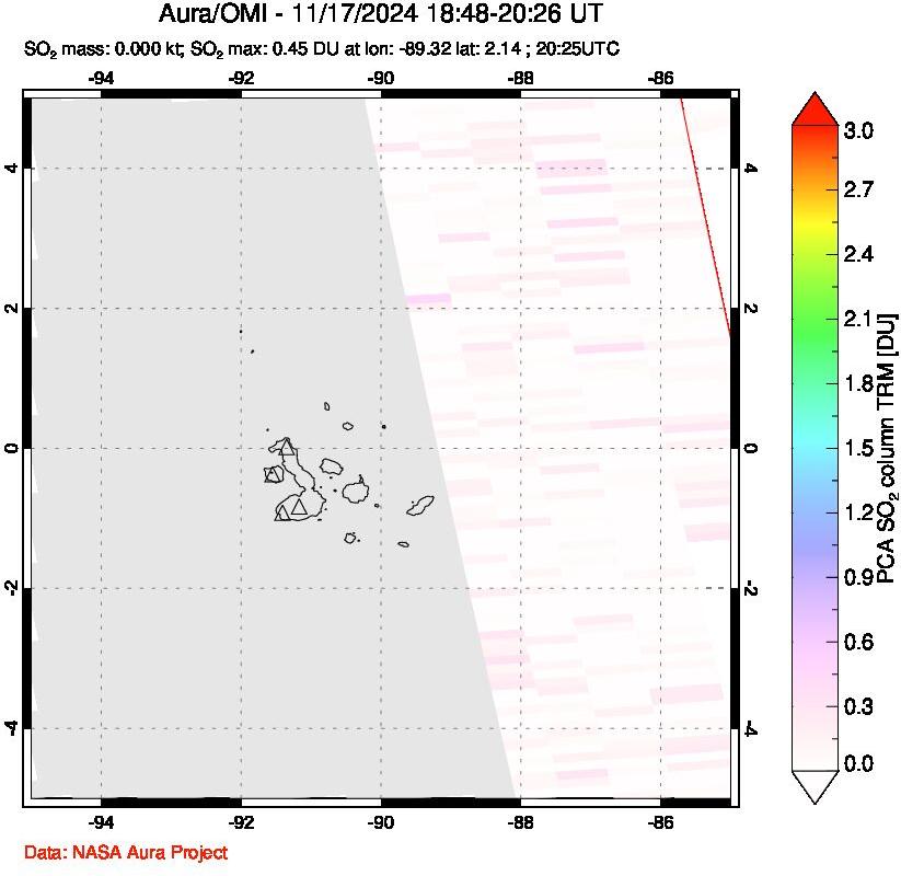 A sulfur dioxide image over Galápagos Islands on Nov 17, 2024.