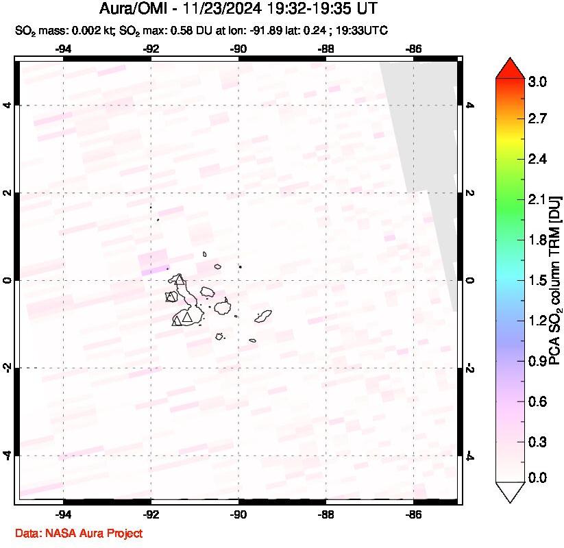 A sulfur dioxide image over Galápagos Islands on Nov 23, 2024.