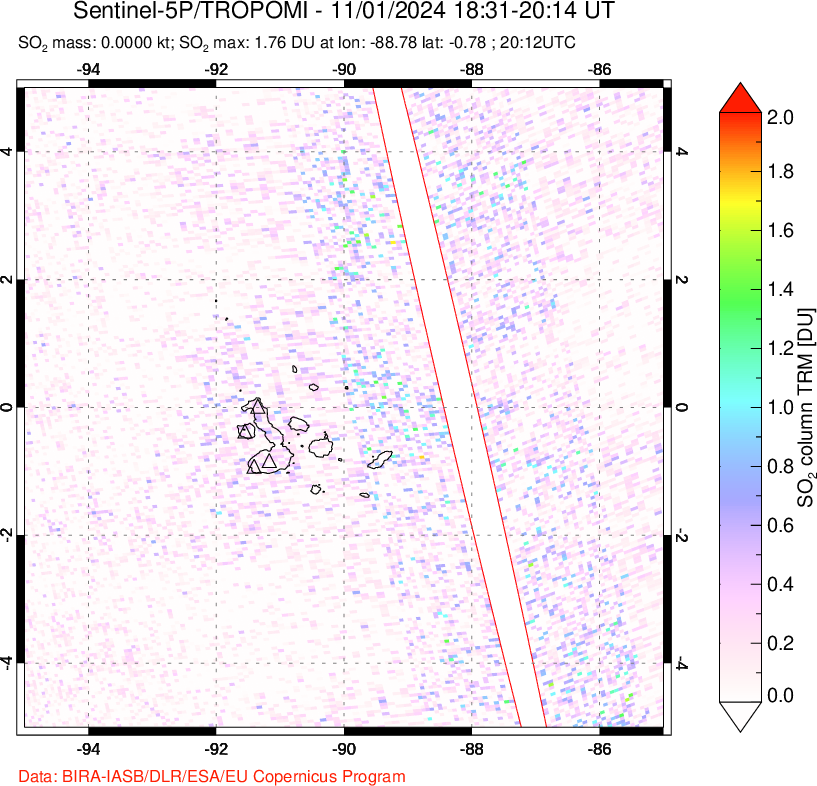 A sulfur dioxide image over Galápagos Islands on Nov 01, 2024.