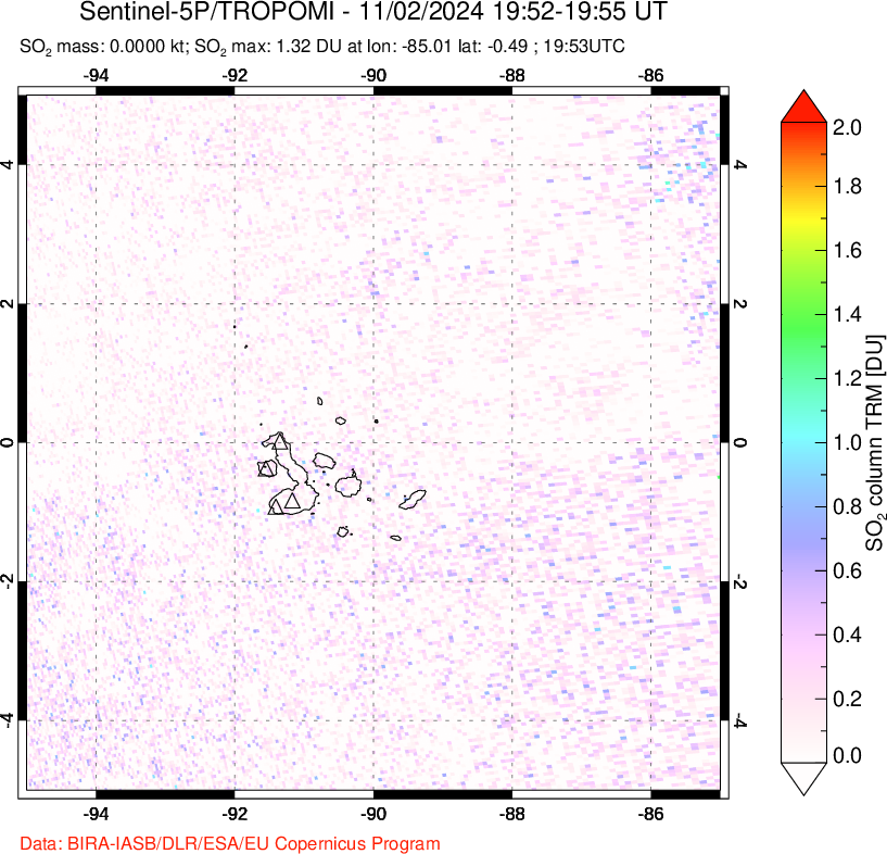 A sulfur dioxide image over Galápagos Islands on Nov 02, 2024.