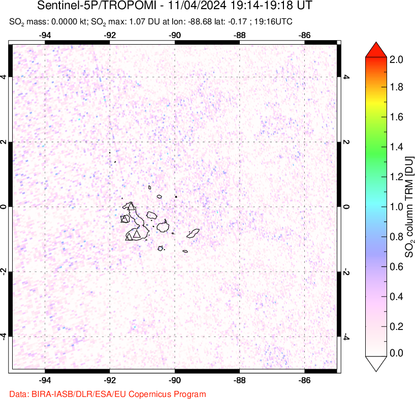 A sulfur dioxide image over Galápagos Islands on Nov 04, 2024.