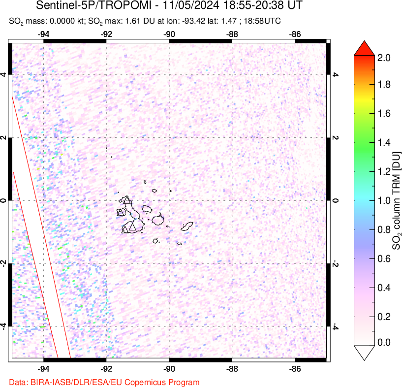 A sulfur dioxide image over Galápagos Islands on Nov 05, 2024.