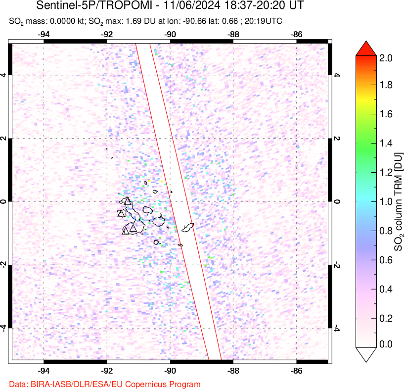 A sulfur dioxide image over Galápagos Islands on Nov 06, 2024.