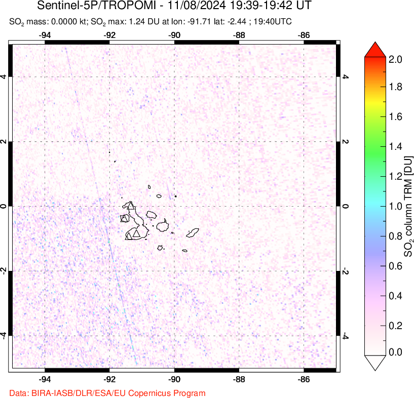 A sulfur dioxide image over Galápagos Islands on Nov 08, 2024.