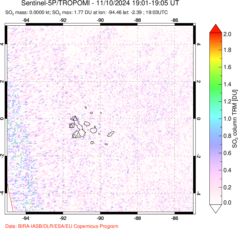 A sulfur dioxide image over Galápagos Islands on Nov 10, 2024.