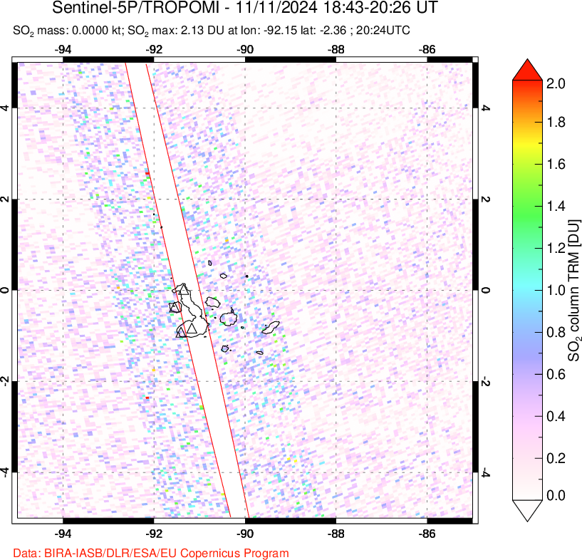 A sulfur dioxide image over Galápagos Islands on Nov 11, 2024.