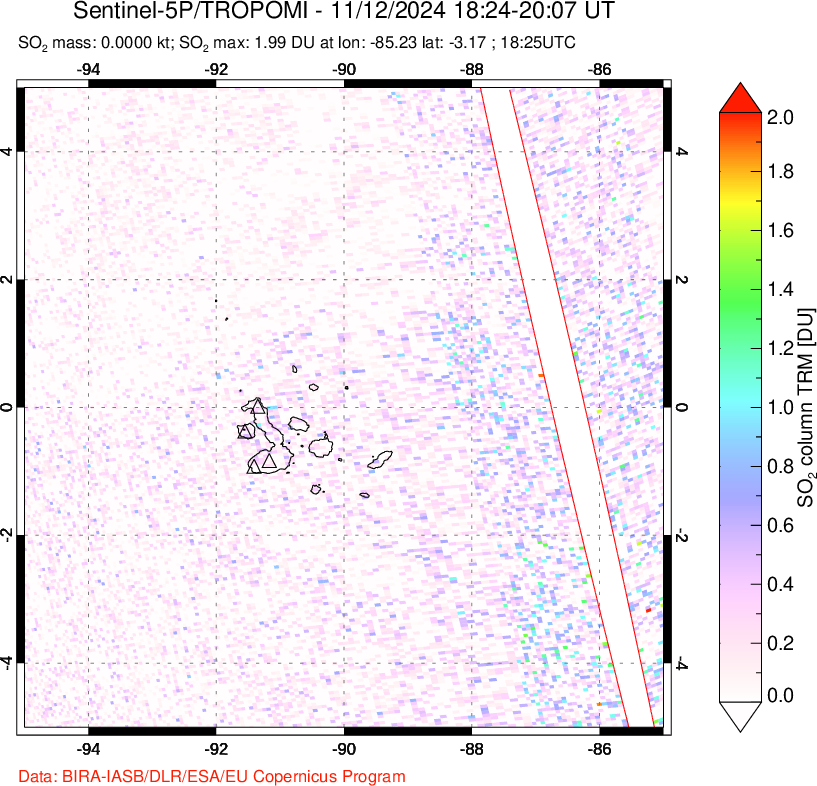 A sulfur dioxide image over Galápagos Islands on Nov 12, 2024.