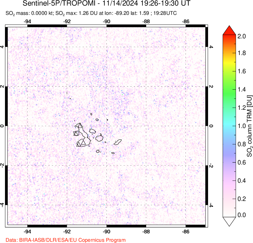 A sulfur dioxide image over Galápagos Islands on Nov 14, 2024.