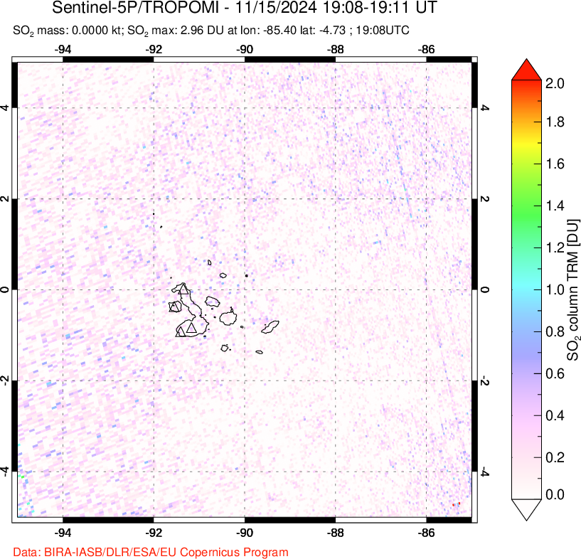 A sulfur dioxide image over Galápagos Islands on Nov 15, 2024.