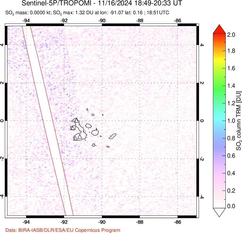 A sulfur dioxide image over Galápagos Islands on Nov 16, 2024.