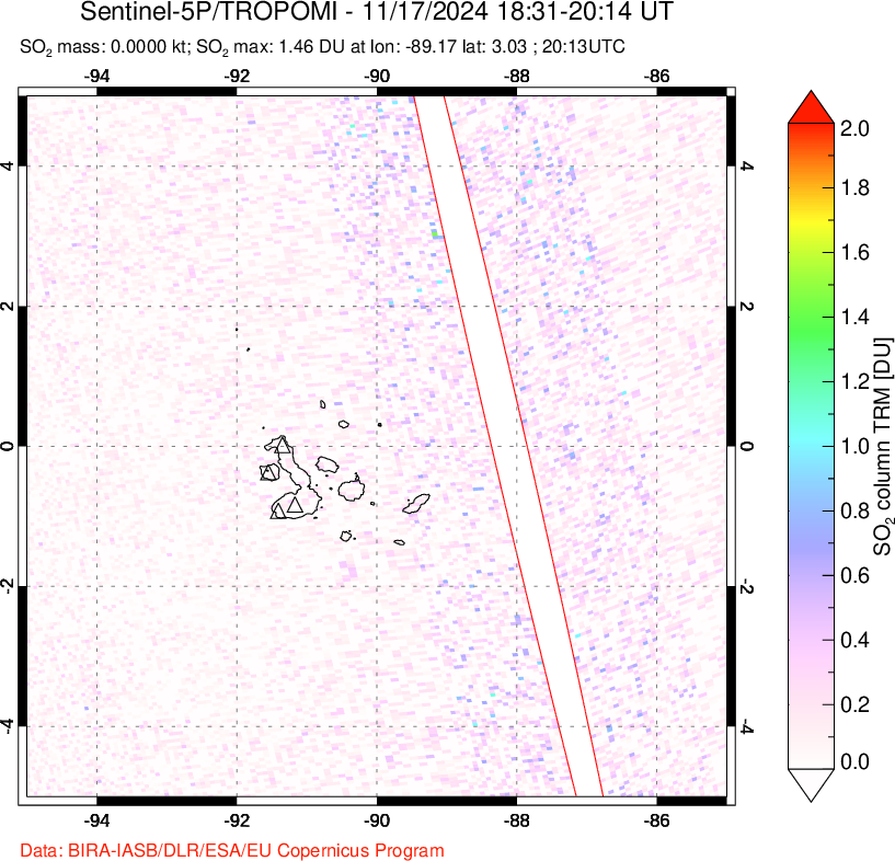 A sulfur dioxide image over Galápagos Islands on Nov 17, 2024.