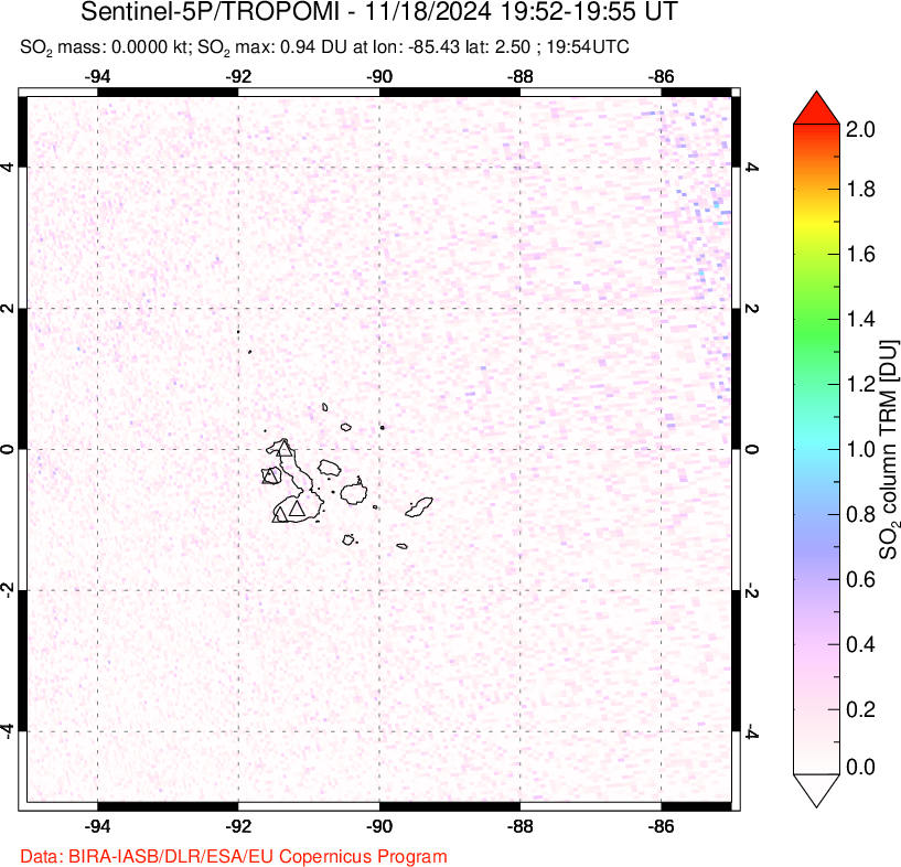 A sulfur dioxide image over Galápagos Islands on Nov 18, 2024.