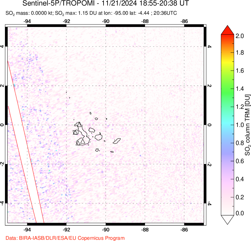 A sulfur dioxide image over Galápagos Islands on Nov 21, 2024.