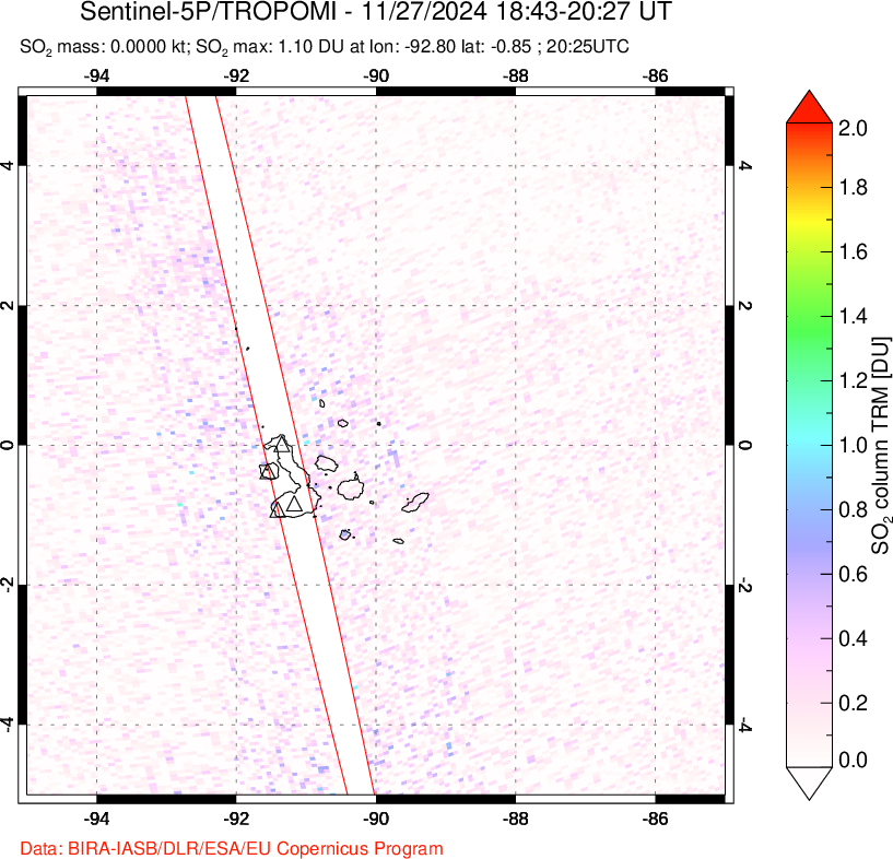 A sulfur dioxide image over Galápagos Islands on Nov 27, 2024.