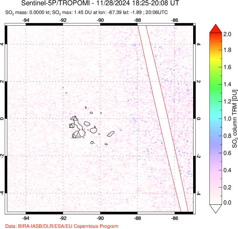 A sulfur dioxide image over Galápagos Islands on Nov 28, 2024.