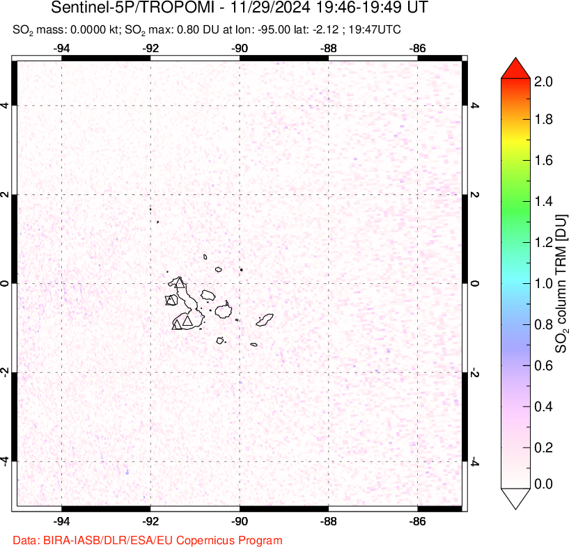 A sulfur dioxide image over Galápagos Islands on Nov 29, 2024.