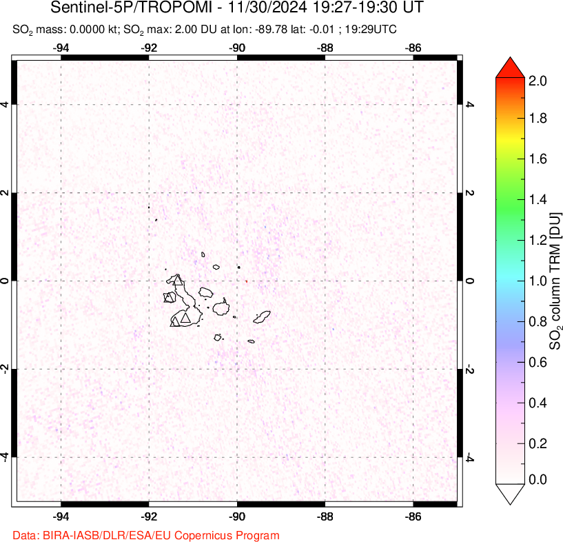 A sulfur dioxide image over Galápagos Islands on Nov 30, 2024.