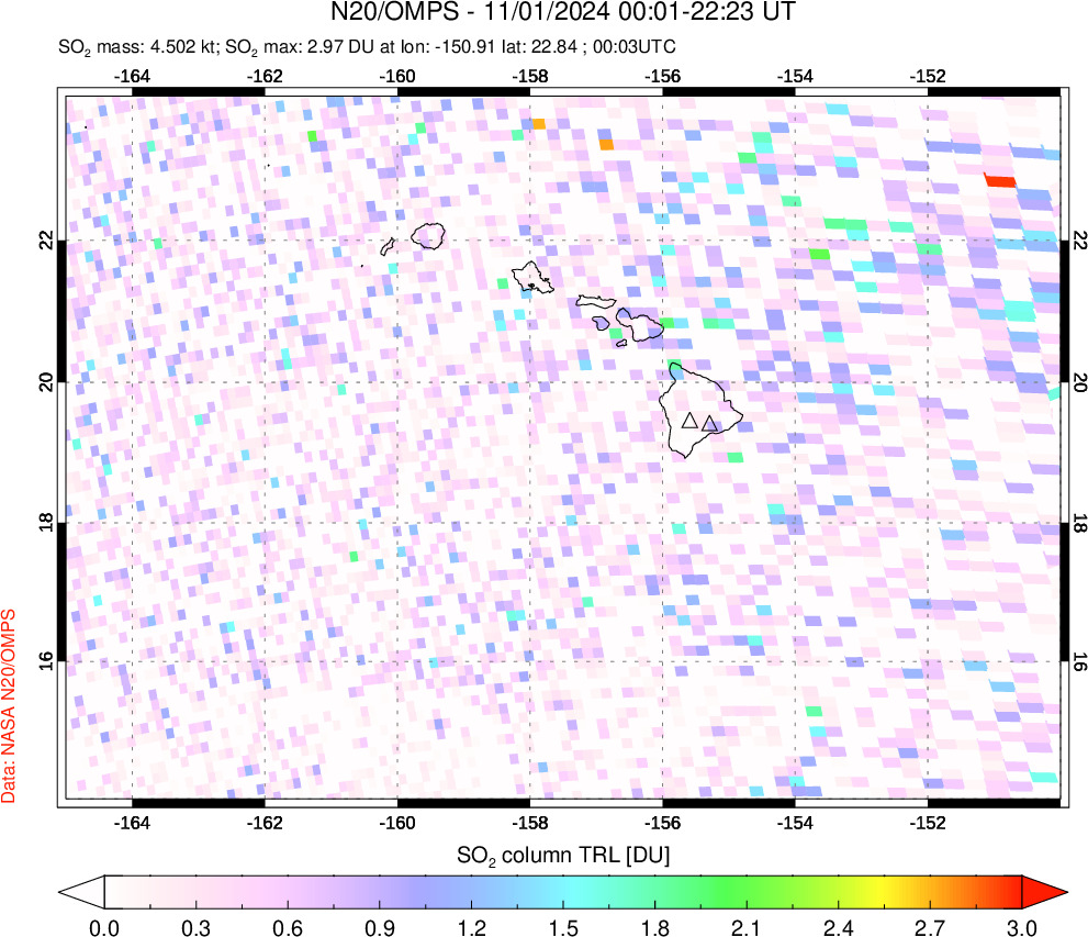 A sulfur dioxide image over Hawaii, USA on Nov 01, 2024.