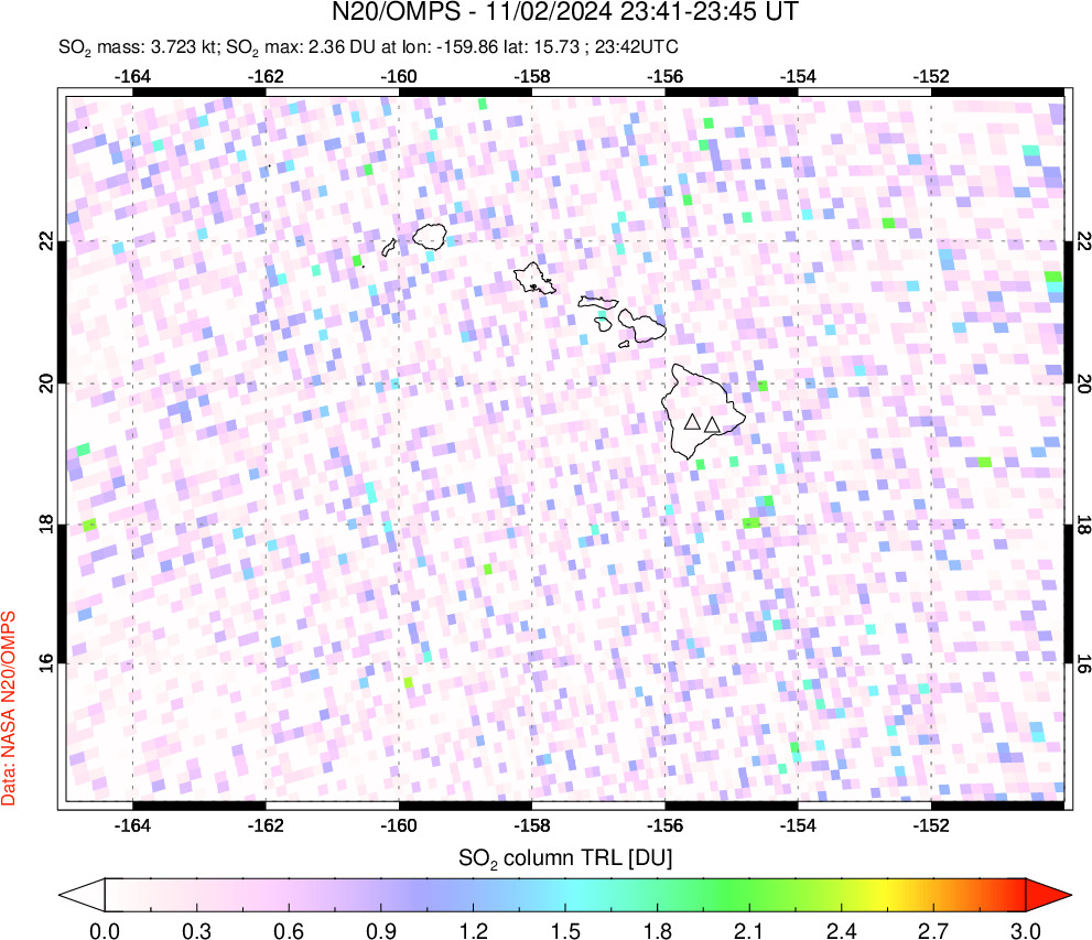 A sulfur dioxide image over Hawaii, USA on Nov 02, 2024.