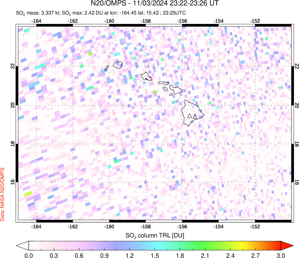 A sulfur dioxide image over Hawaii, USA on Nov 03, 2024.