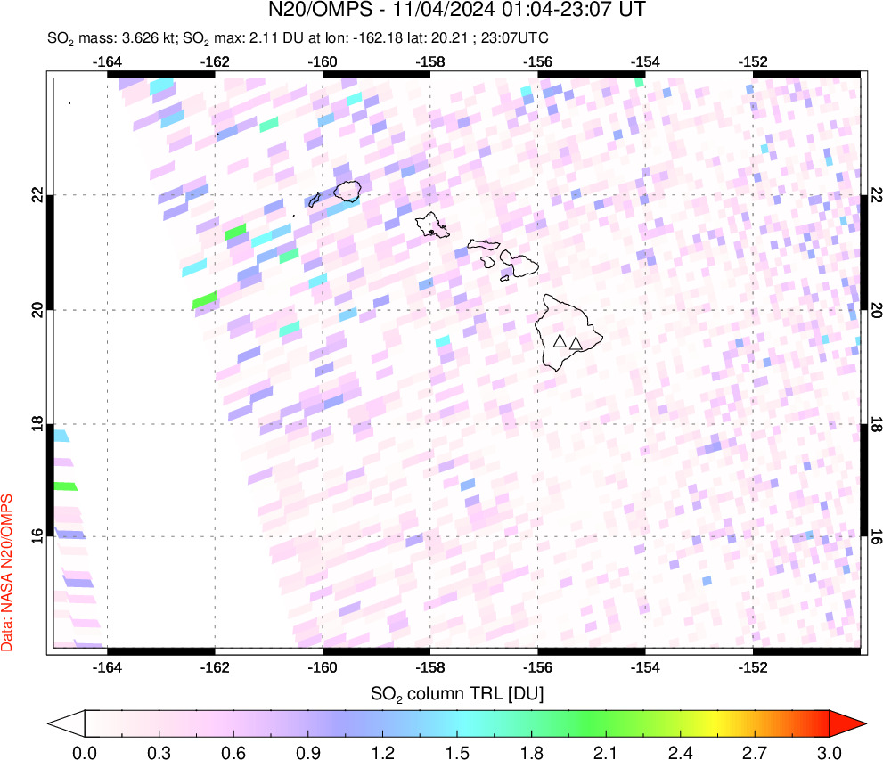 A sulfur dioxide image over Hawaii, USA on Nov 04, 2024.