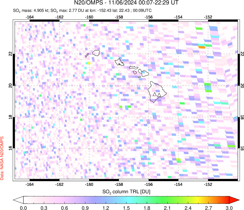 A sulfur dioxide image over Hawaii, USA on Nov 06, 2024.