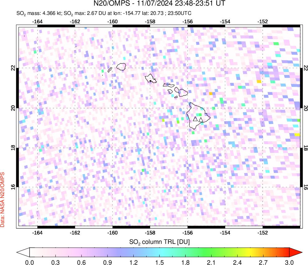 A sulfur dioxide image over Hawaii, USA on Nov 07, 2024.