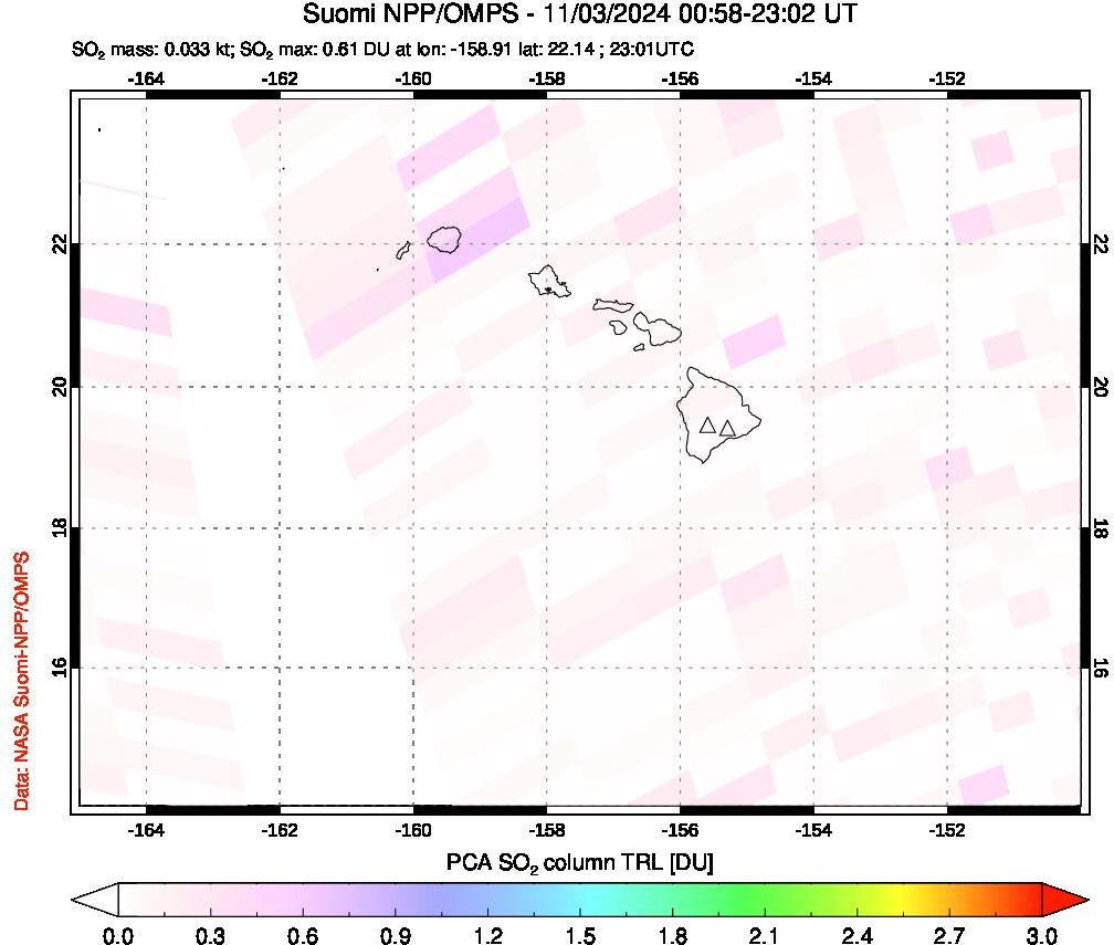 A sulfur dioxide image over Hawaii, USA on Nov 03, 2024.