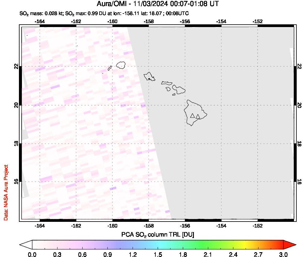 A sulfur dioxide image over Hawaii, USA on Nov 03, 2024.