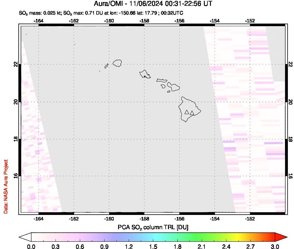 A sulfur dioxide image over Hawaii, USA on Nov 06, 2024.