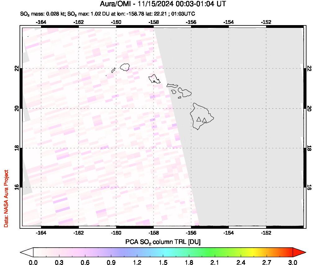 A sulfur dioxide image over Hawaii, USA on Nov 15, 2024.