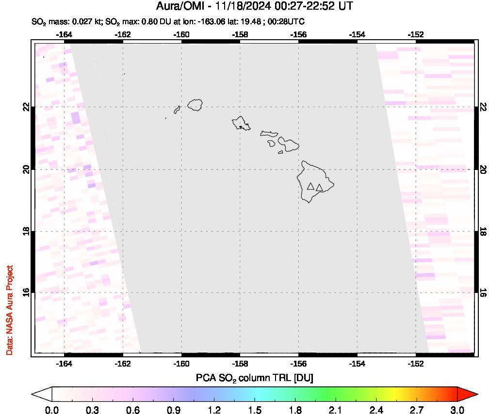 A sulfur dioxide image over Hawaii, USA on Nov 18, 2024.