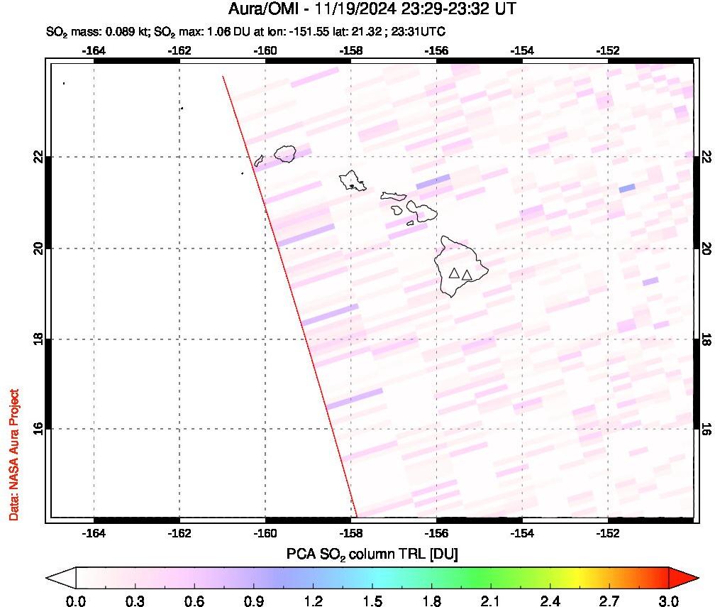 A sulfur dioxide image over Hawaii, USA on Nov 19, 2024.