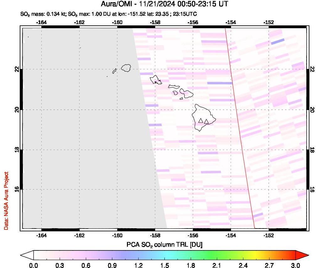 A sulfur dioxide image over Hawaii, USA on Nov 21, 2024.