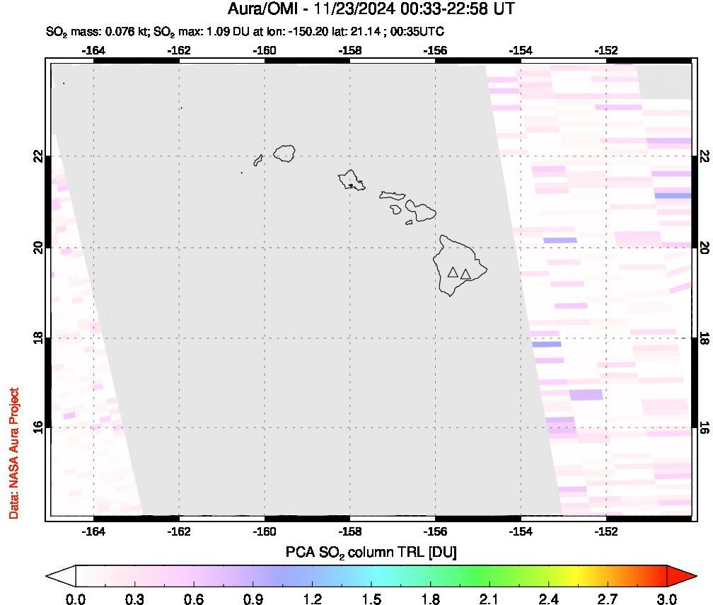 A sulfur dioxide image over Hawaii, USA on Nov 23, 2024.