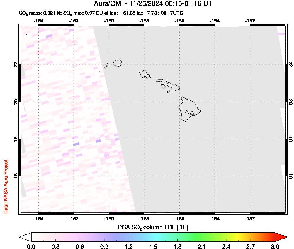 A sulfur dioxide image over Hawaii, USA on Nov 25, 2024.