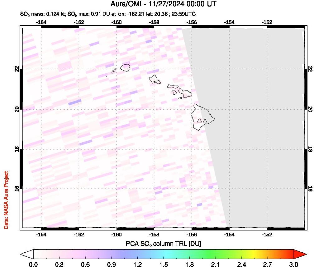 A sulfur dioxide image over Hawaii, USA on Nov 27, 2024.