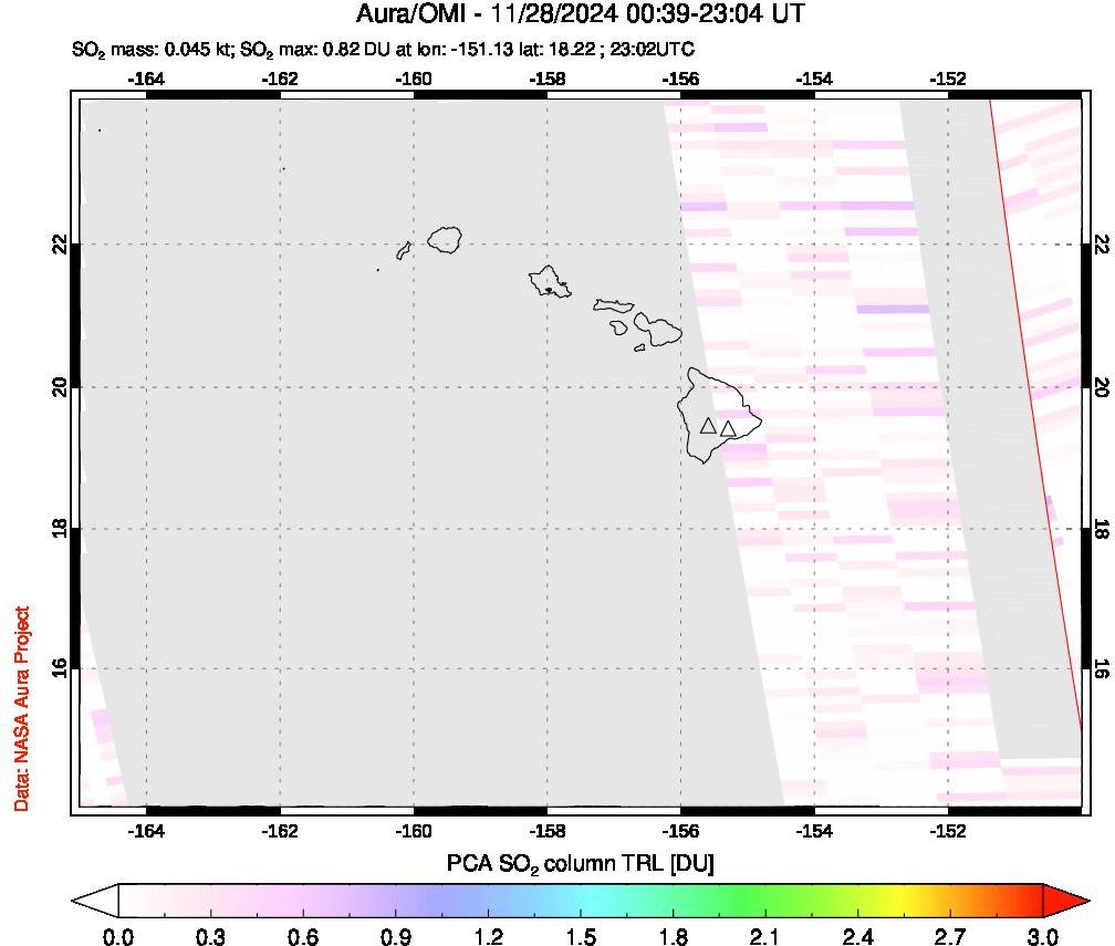 A sulfur dioxide image over Hawaii, USA on Nov 28, 2024.