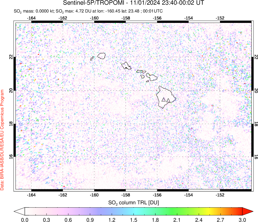 A sulfur dioxide image over Hawaii, USA on Nov 01, 2024.