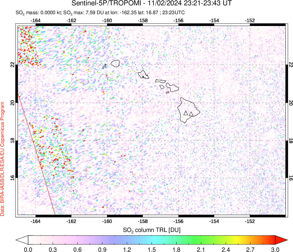 A sulfur dioxide image over Hawaii, USA on Nov 02, 2024.