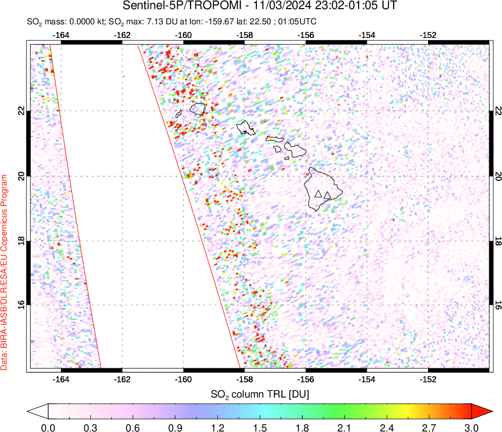 A sulfur dioxide image over Hawaii, USA on Nov 03, 2024.