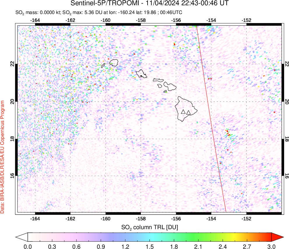 A sulfur dioxide image over Hawaii, USA on Nov 04, 2024.