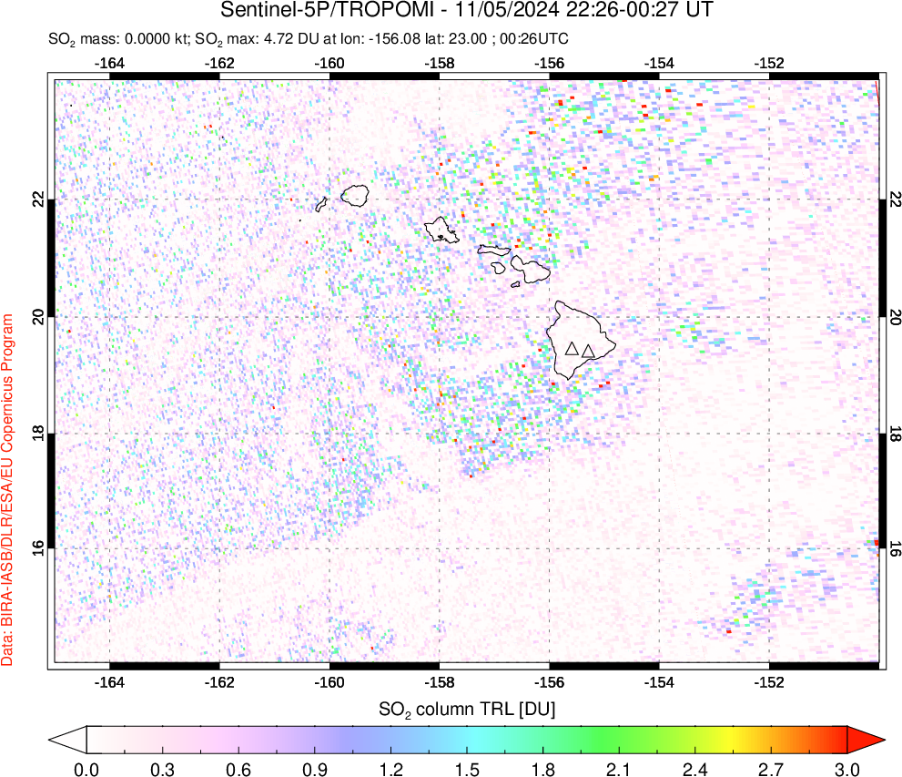 A sulfur dioxide image over Hawaii, USA on Nov 05, 2024.