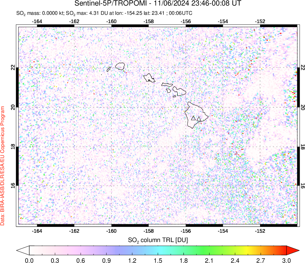 A sulfur dioxide image over Hawaii, USA on Nov 06, 2024.