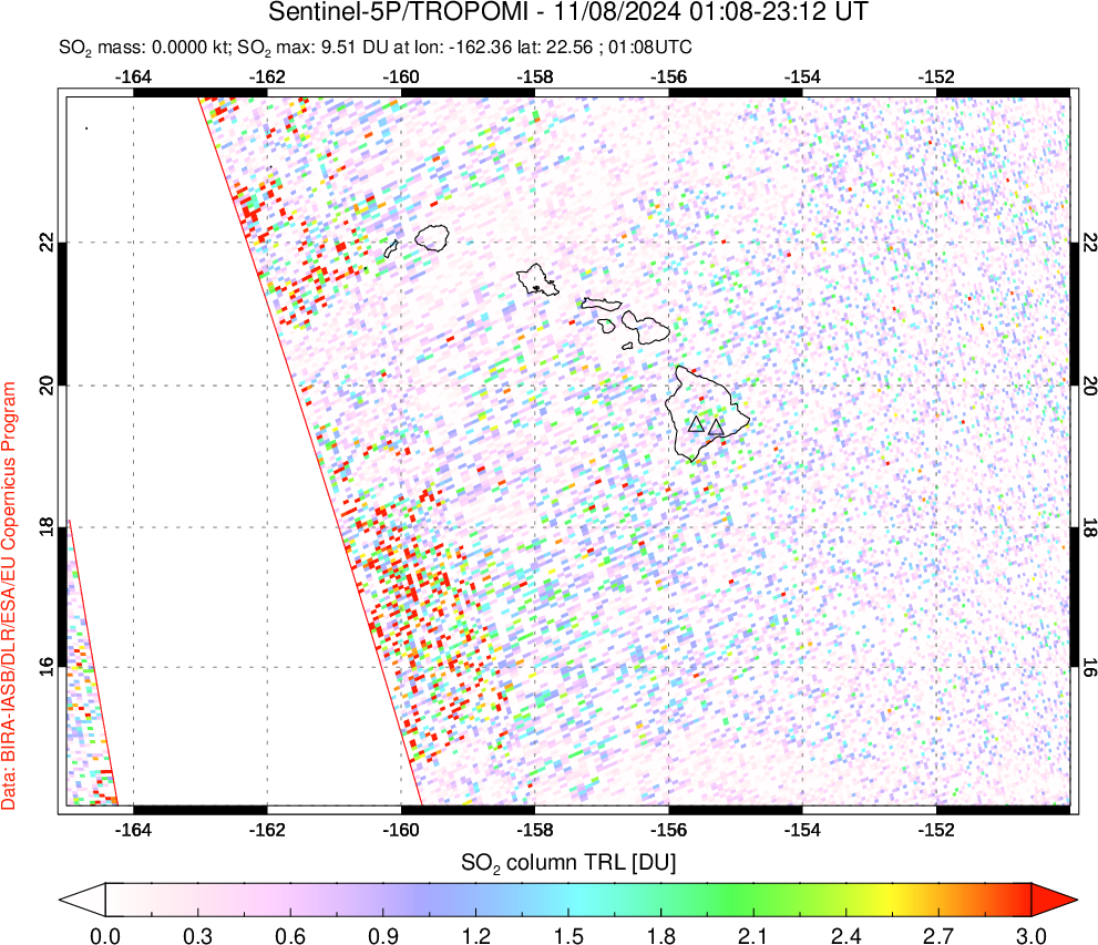 A sulfur dioxide image over Hawaii, USA on Nov 08, 2024.