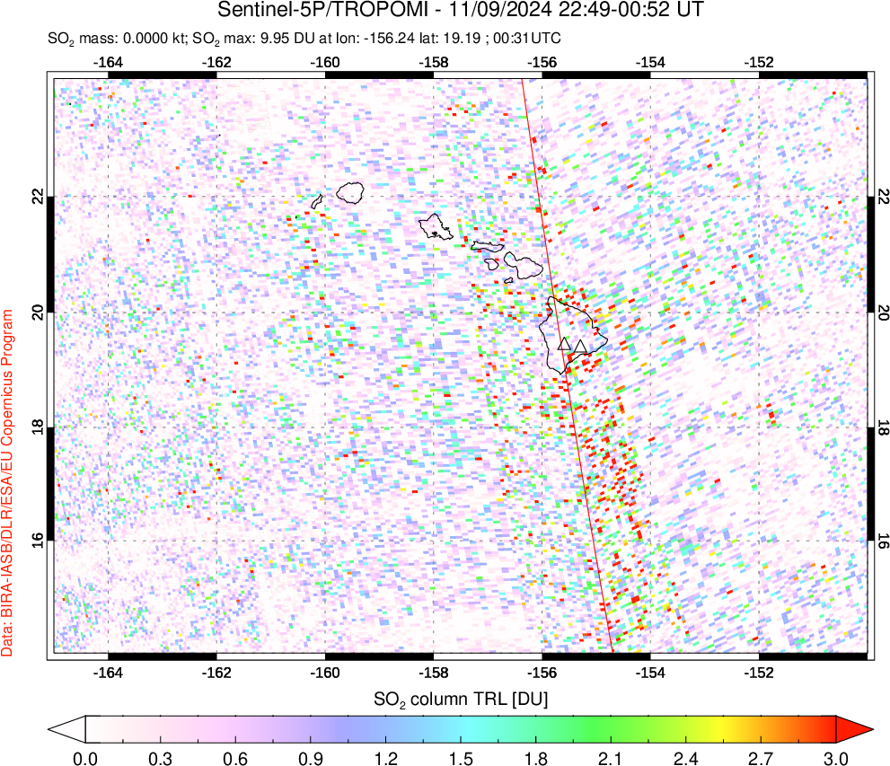 A sulfur dioxide image over Hawaii, USA on Nov 09, 2024.