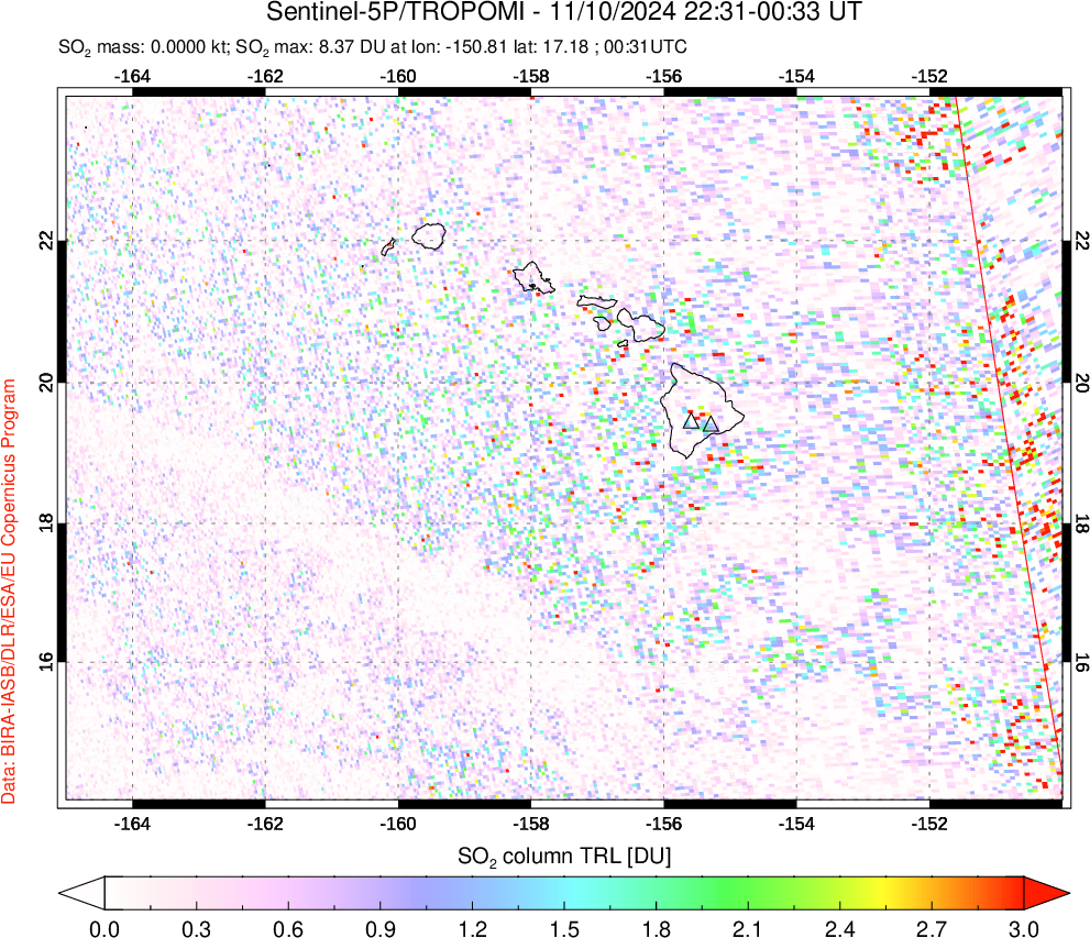 A sulfur dioxide image over Hawaii, USA on Nov 10, 2024.