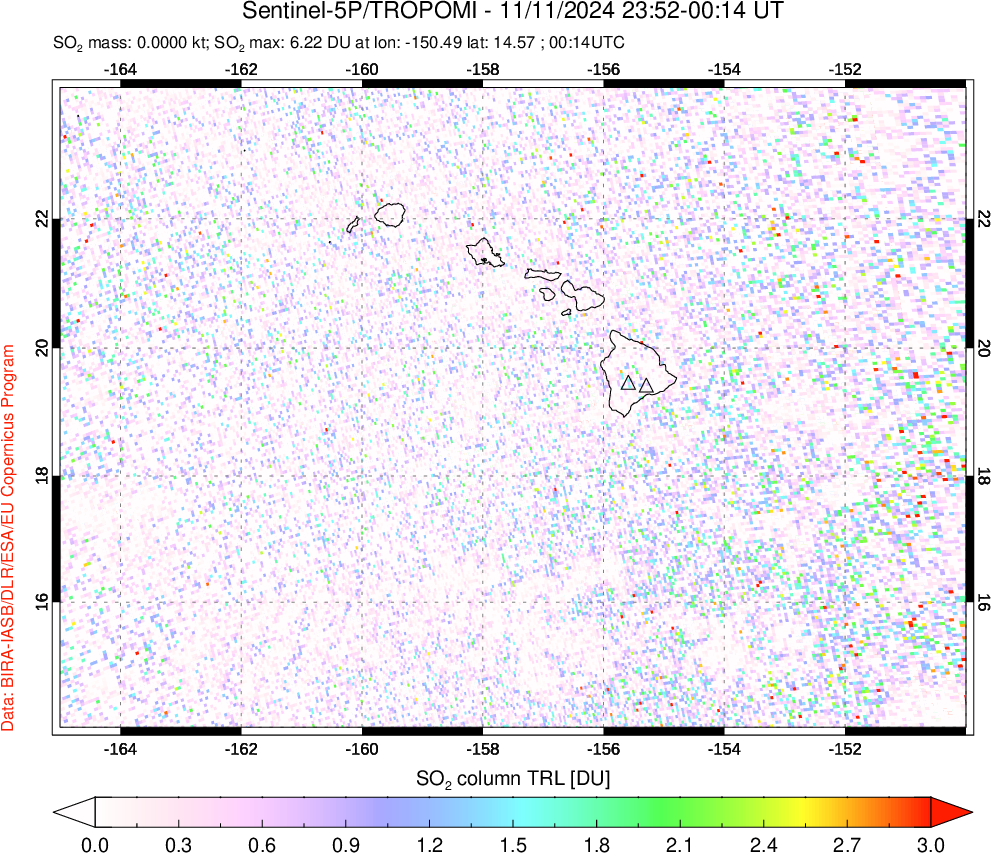 A sulfur dioxide image over Hawaii, USA on Nov 11, 2024.